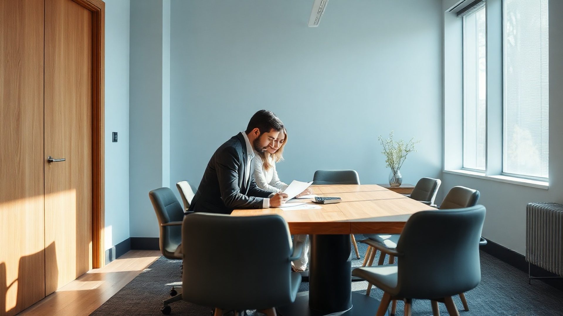 Two advisors reviewing retirement documents in a calm Ottawa boardroom